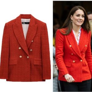 NWT Zara Burgundy Red Tweed Double Breasted Blazer Jacket - M